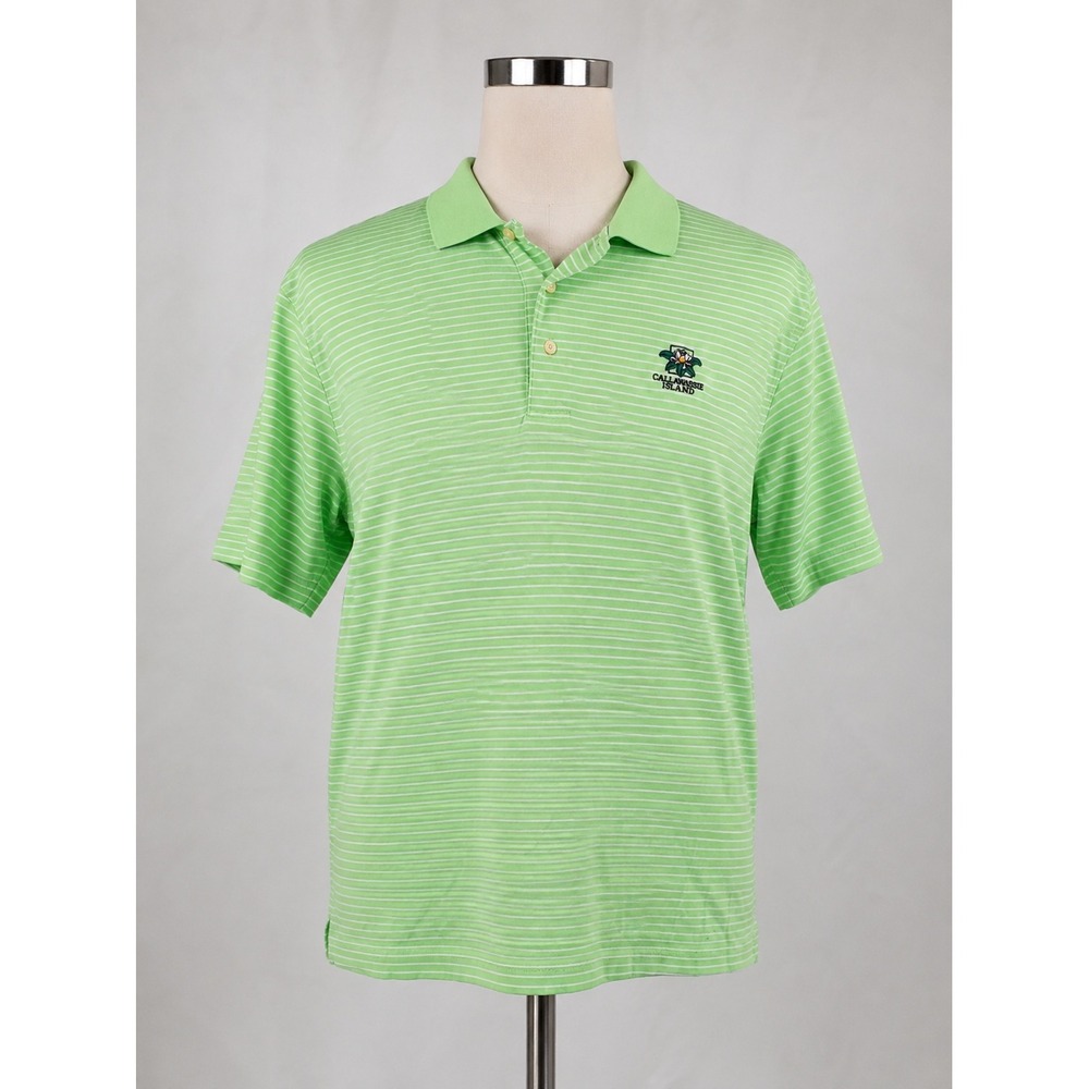 Oxford Golf Mens Large Polo Shirt Green White Stripe Callawassie Island Cotton